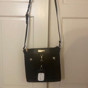 Adrienne Vittadini purse, black fabric with leather strap and gold hardware